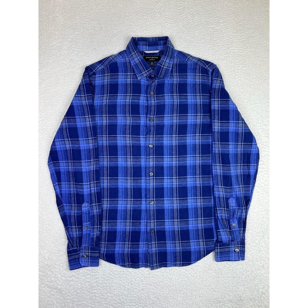 Banana Republic Shirt Mens Medium Blue Plaid Linen Slim Fit LS Button Up Casual